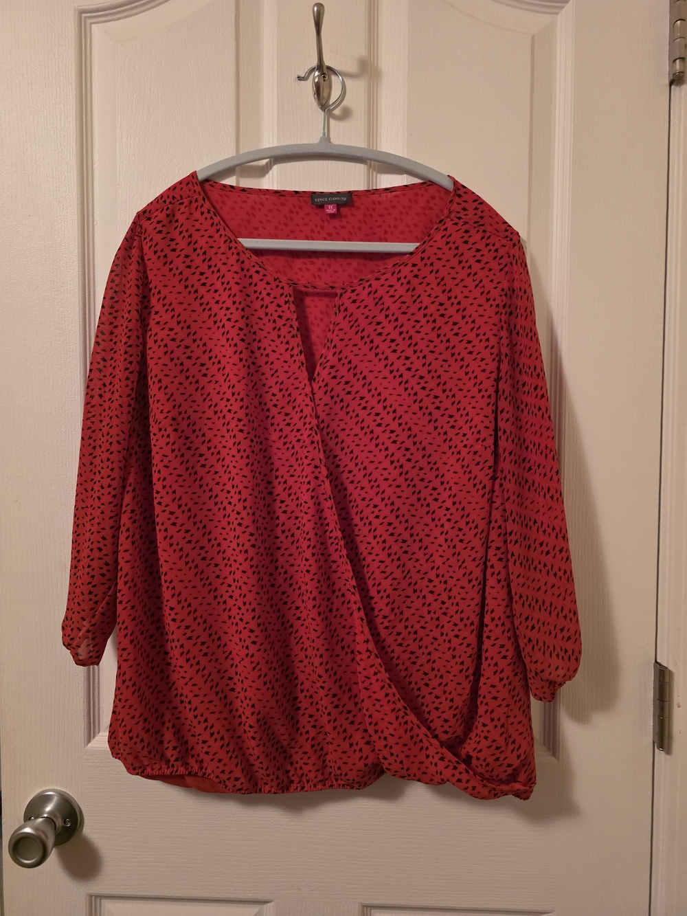 Vince Camuto Red Wrap-Front Blouse with Black Dot Print